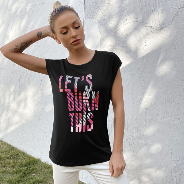 

Slogan Graphic Cap Sleeve Sports Tee, Black