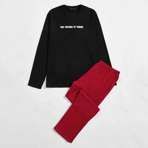 

Men Slogan Graphic Top & Pants PJ Set, Multicolor