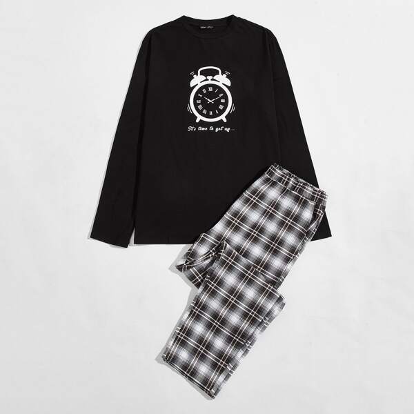 

Men Slogan Graphic Top & Tartan Pants PJ Set, Multicolor