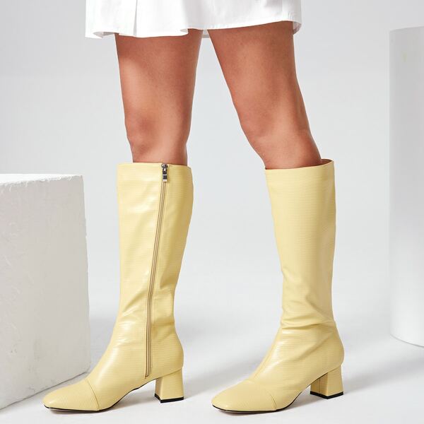 

Lizard Embossed Chunky Heeled Knee Boots, Yellow