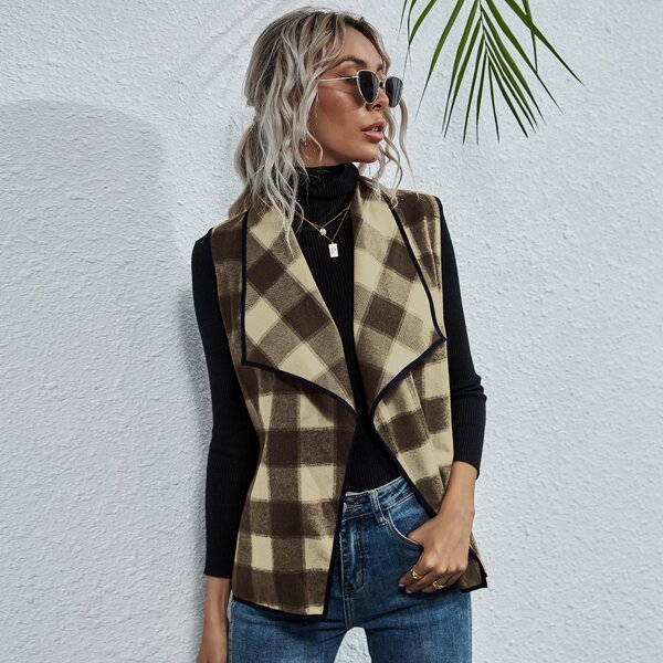 

Buffalo Plaid Waterfall Collar Vest Coat, Multicolor