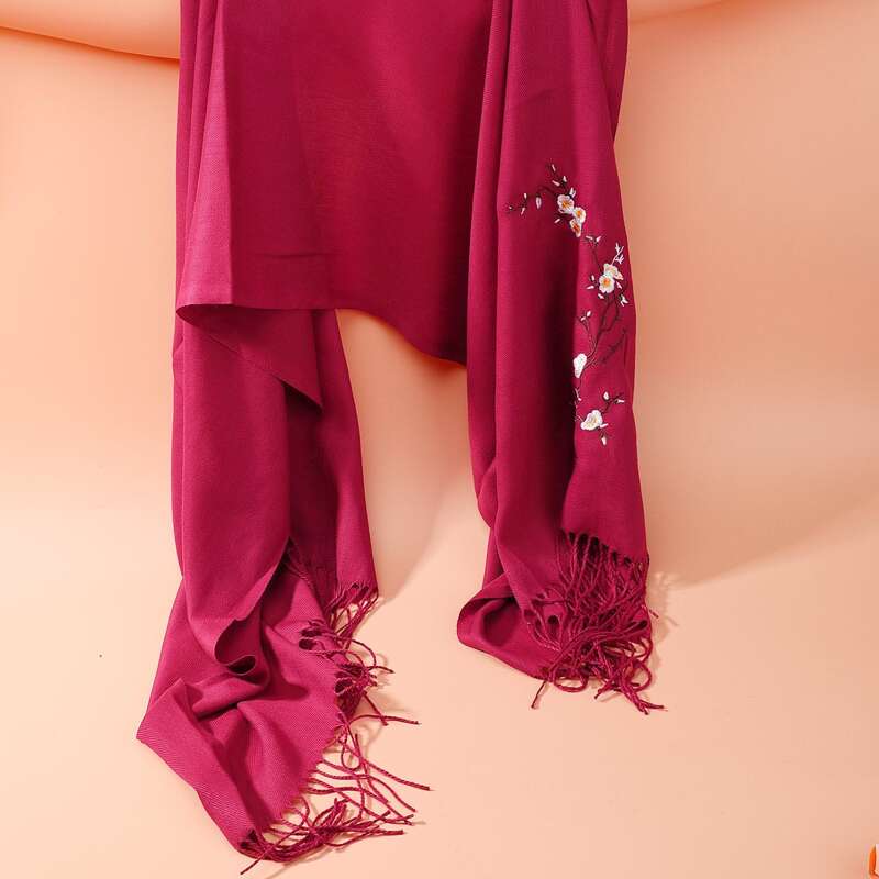 

Floral Embroidery Tassel Trim Scarf, Rose red