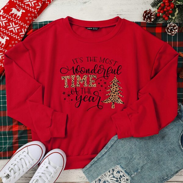 

Slogan & Leopard Print Drop Shoulder Sweatshirt, Red