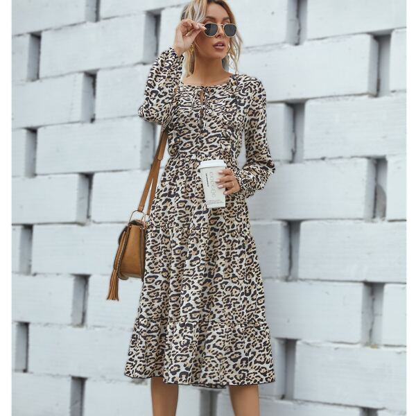 

Leopard Print Tie Neck Ruffle Hem Dress, Multicolor