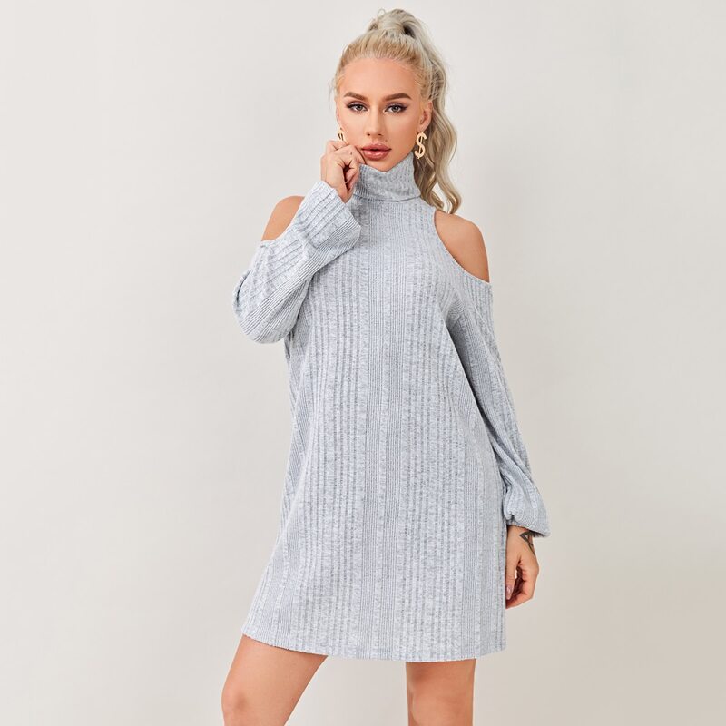 

High Neck Cold Shoulder Rib-knit Dress Without Belt, Light grey
