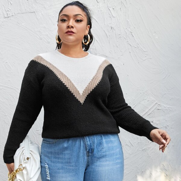 

Plus Contrast Chevron Pattern Sweater, Black