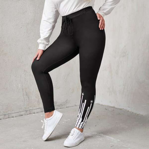 

Plus Graphic Elastic Waist Leggings, Black