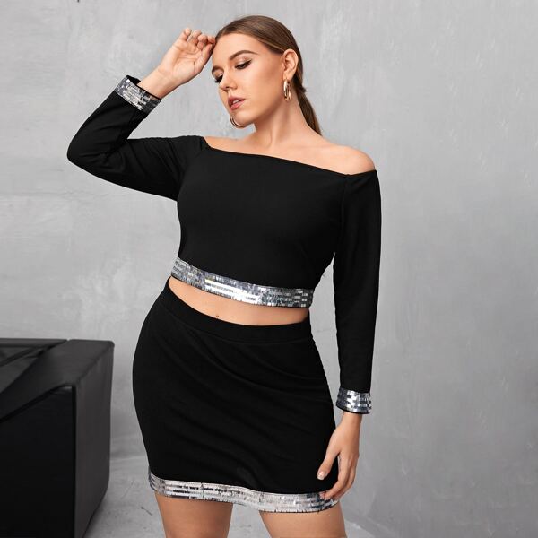 

Plus Off Shoulder Contrast Sequin Trim Crop Top & Skirt Set, Black