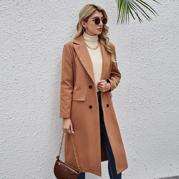 

Solid Lapel Neck Belted Pea Coat, Brown