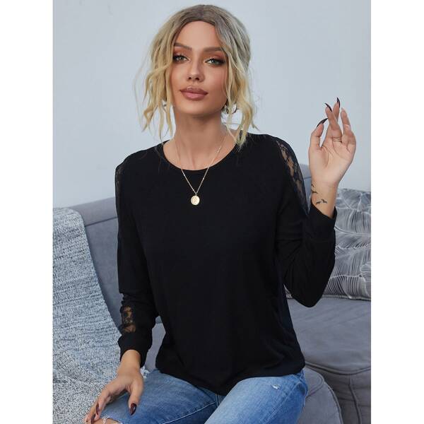 

Contrast Lace Raglan Sleeve Tee, Black