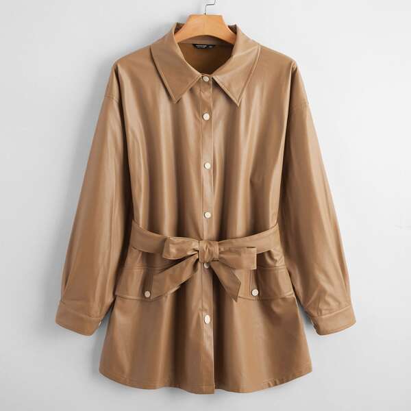 

Plus Single Breasted Belted PU Coat, Camel