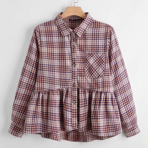 

Plus Plaid Pocket Patched Ruffle Hem Blouse, Multicolor
