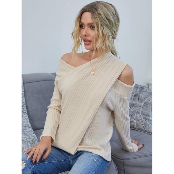

Asymmetrical Neck Solid Top, Beige