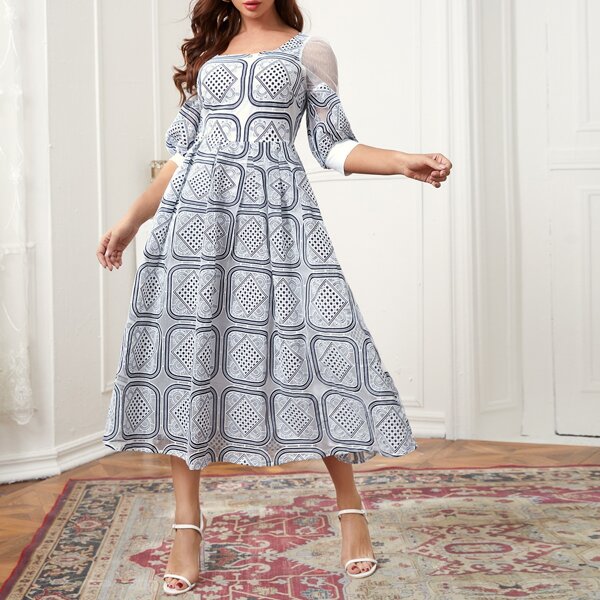 

Square Neck Dobby Mesh Insert Puff Sleeve Guipure Lace Dress, Multicolor