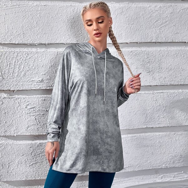 

Marble Print Drawstring Longline Sports Hoodie, Grey