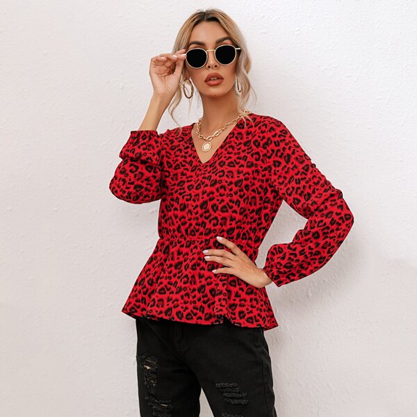 

Cheetah Print Babydoll Blouse, Red