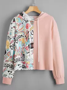 Mulvari Cartoon Graphic Spliced Hoodie - Multicolor - View 1