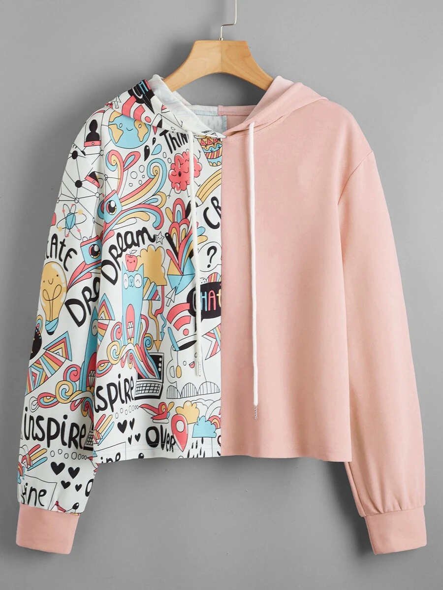 Mulvari Cartoon Graphic Spliced Hoodie - Multicolor - View 1