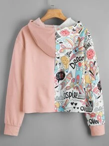 Mulvari Cartoon Graphic Spliced Hoodie - Multicolor - View 2