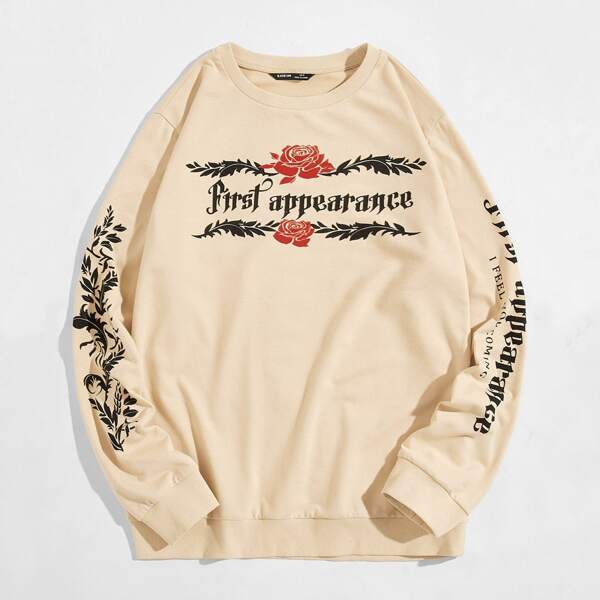 

Men Floral & Letter Graphic Pullover, Apricot