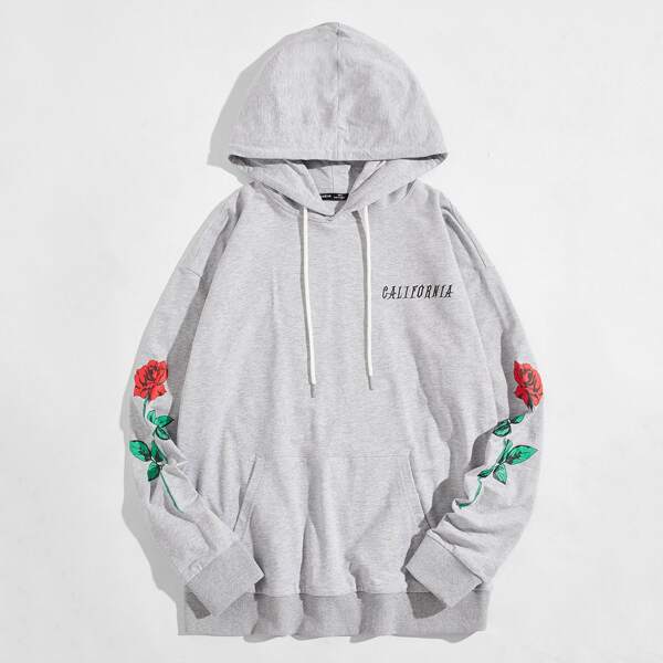 

Men Drawstring Detail Letter Graphic Floral Print Hoodie, Light grey