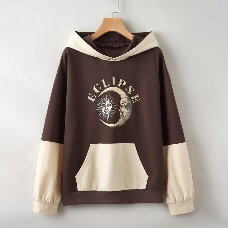 

Kangaroo Pocket Sun & Moon Graphic Hoodie, Chocolate brown
