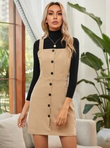 SHEIN LUNE Single Breasted Front Cord Cami Dress - Khaki - View 1