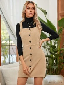 SHEIN LUNE Single Breasted Front Cord Cami Dress - Khaki - View 5