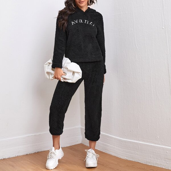 

Embroidered Letter Teddy Hoodie & Pants Set, Black