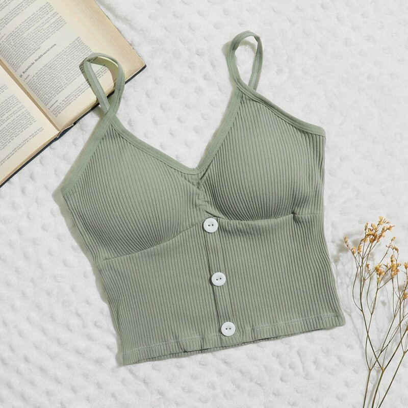 

Rib Button Front Bralette, Green