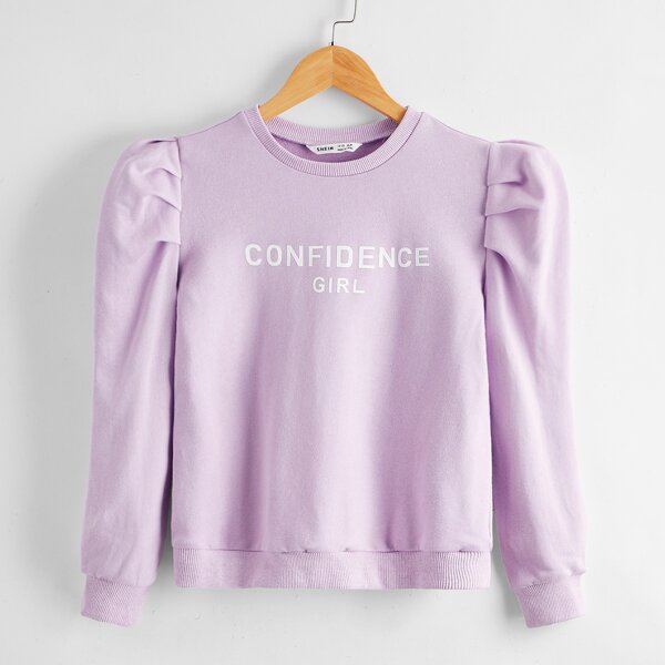 

Girls Letter Graphic Puff Sleeve Pullover, Lilac purple