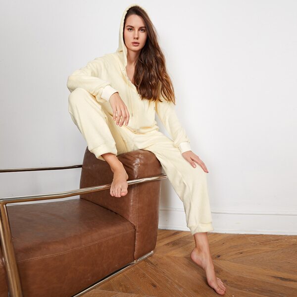 

Flannel Zip Up Hoodie & Pants PJ Set, Beige
