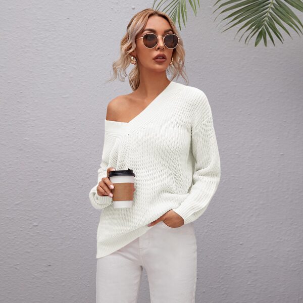 

Drop Shoulder Solid Sweater, White