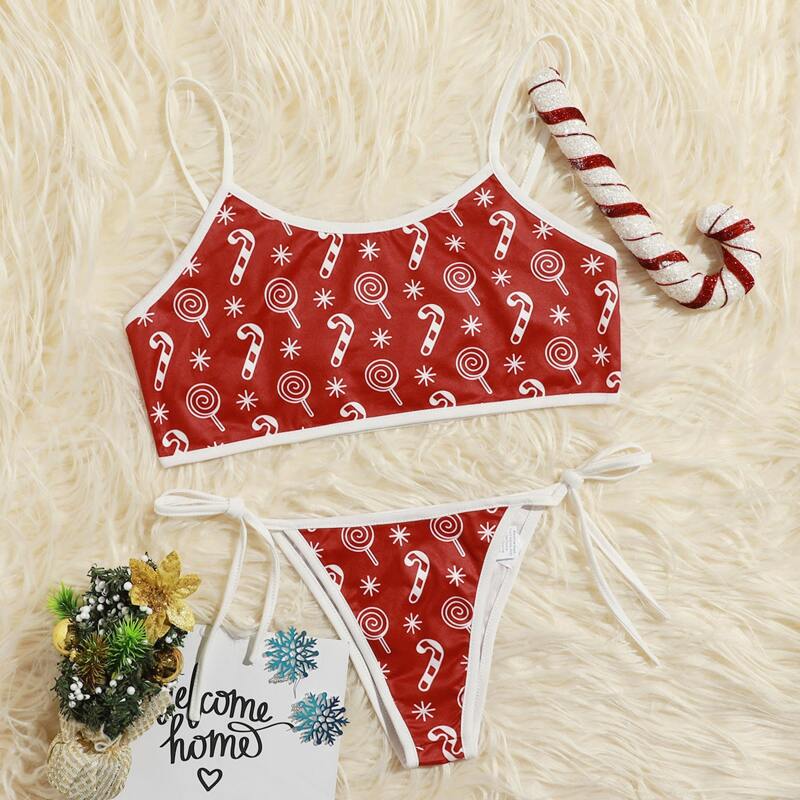 

Christmas Pattern Contrast Binding Lingerie Set, Red