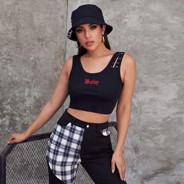 

Letter Embroidery Crop Tank Top, Black