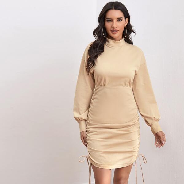 

Mock Neck Drawstring Side Drop Shoulder Fitted Dress, Apricot