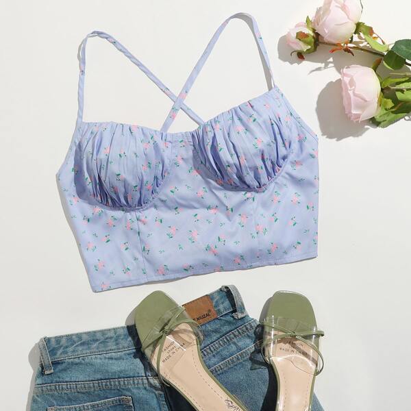 

Ruched Bust Lace Up Back Ditsy Floral Cami Top, Pastel baby blue
