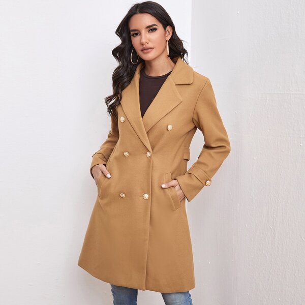 

Lapel Collar Slant Pocket Double Breasted Overcoat, Camel