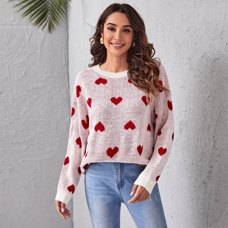 

Drop Shoulder Heart Pattern Sweater, Baby pink