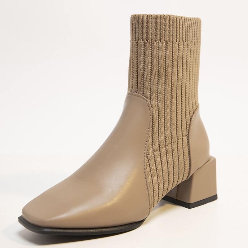 

Square Toe Chunky Heeled Sock Boots, Khaki