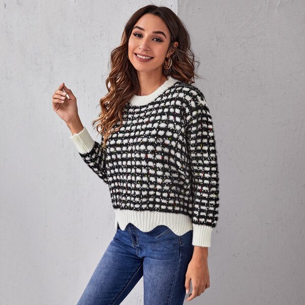 

Drop Shoulder Scallop Hem Sweater, Black and white