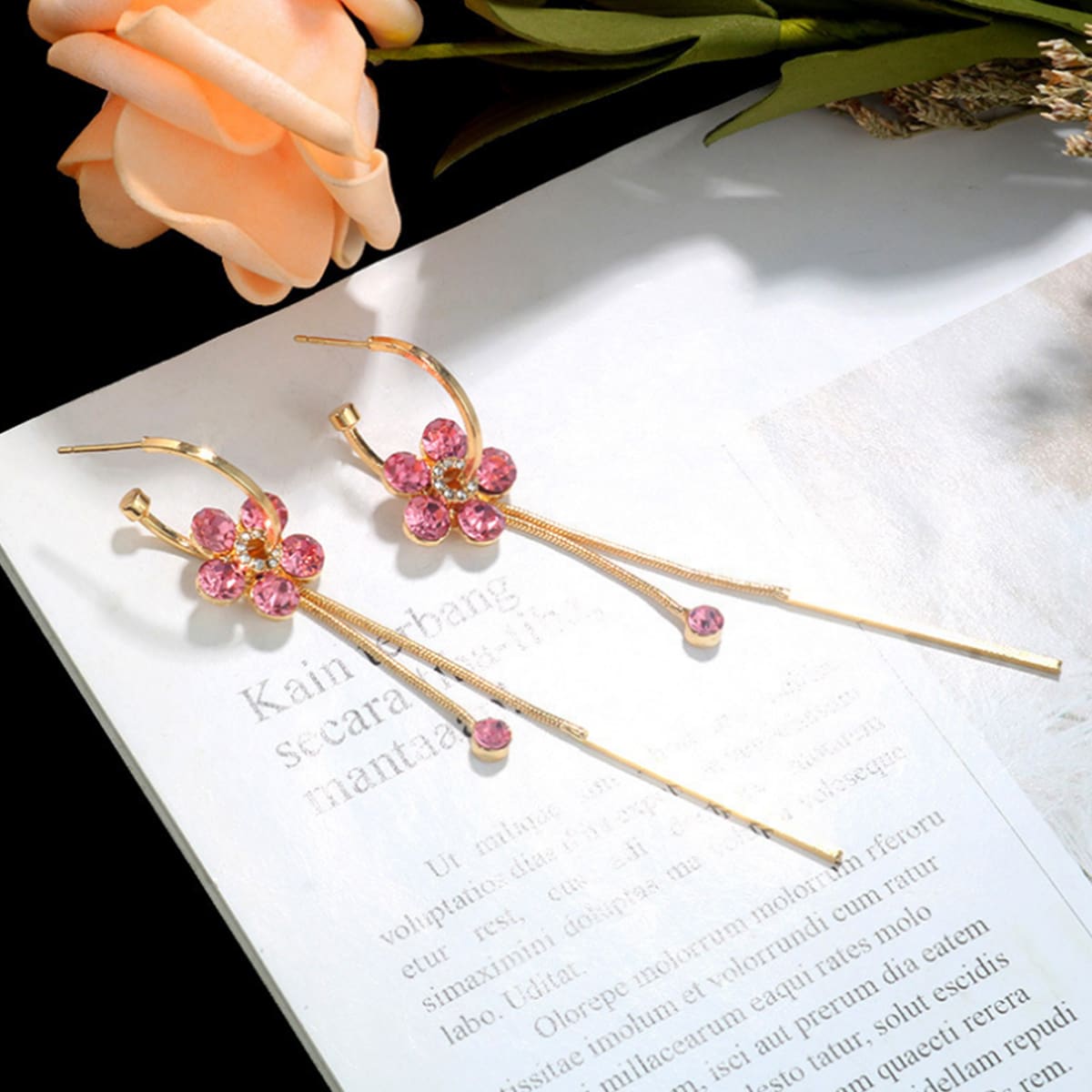 

Rhinestone Floral Tassel Drop Earrings, Gold