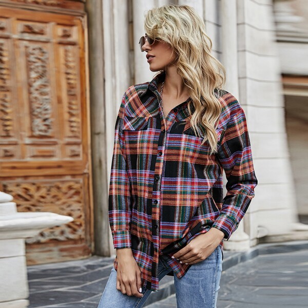 

Curved Hem Plaid Button Up Blouse, Multicolor