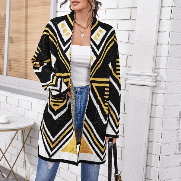 

Drop Shoulder Patch Pocket Geo & Chevron Pattern Cardigan, Multicolor