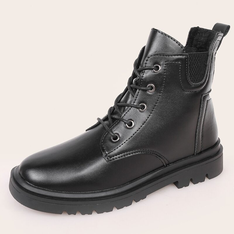 

Lace-up Front Plush Combat Boots, Black