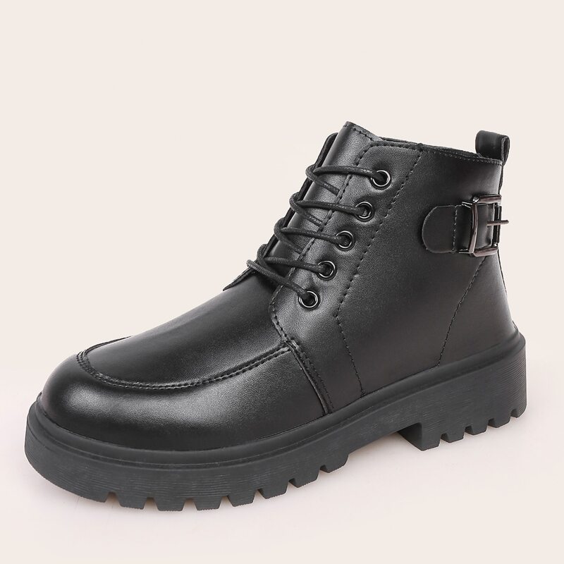 

Buckle Decor Lace-up Combat Boots, Black