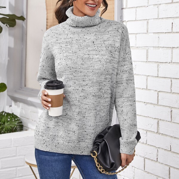 

Turtle Neck Drop Shoulder Sweater, Grey