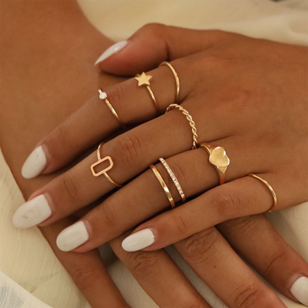 

8pcs Heart & Star Decor Ring, Gold