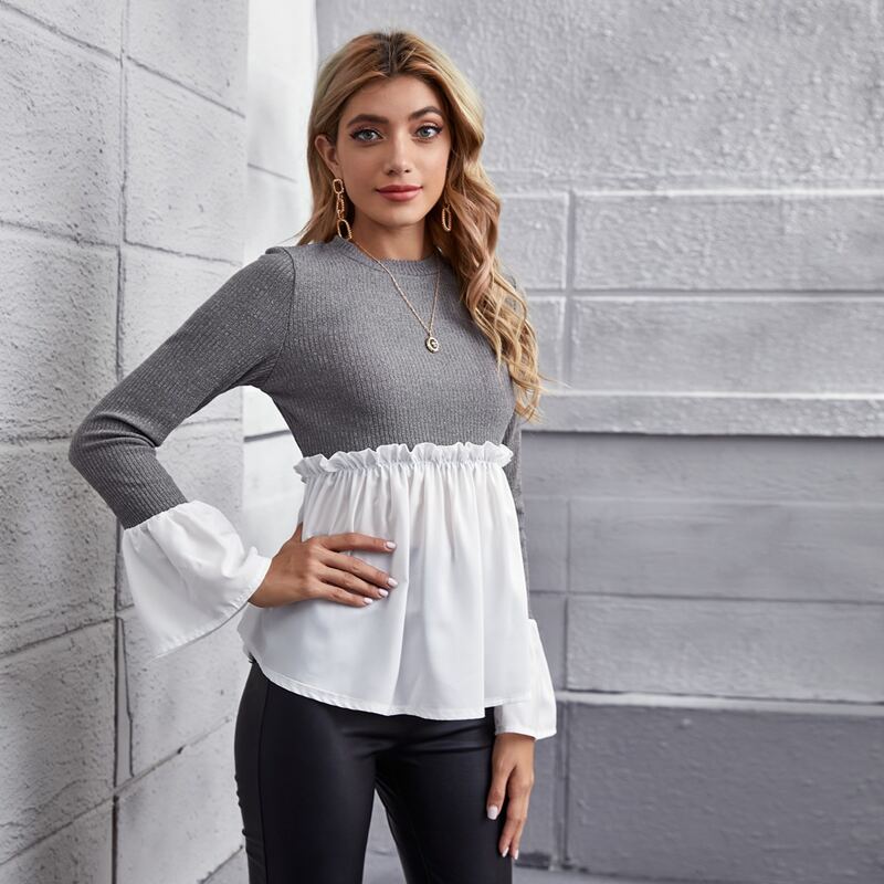 

Frill Trim Rib-knit Colorblock Top, Multicolor