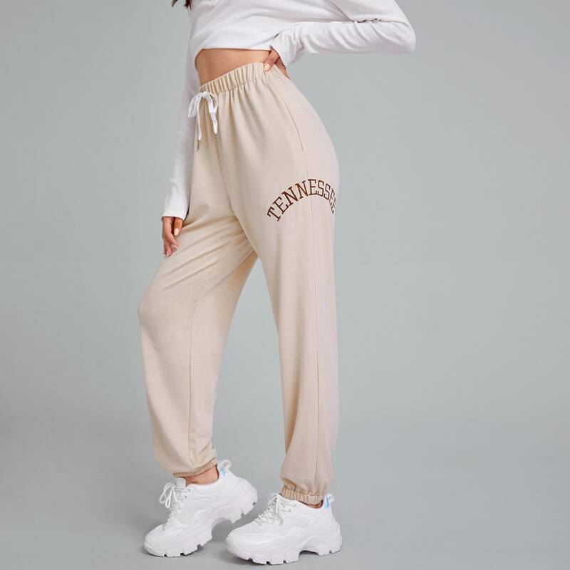 

Letter Embroidery Drawstring Sweatpants, Beige
